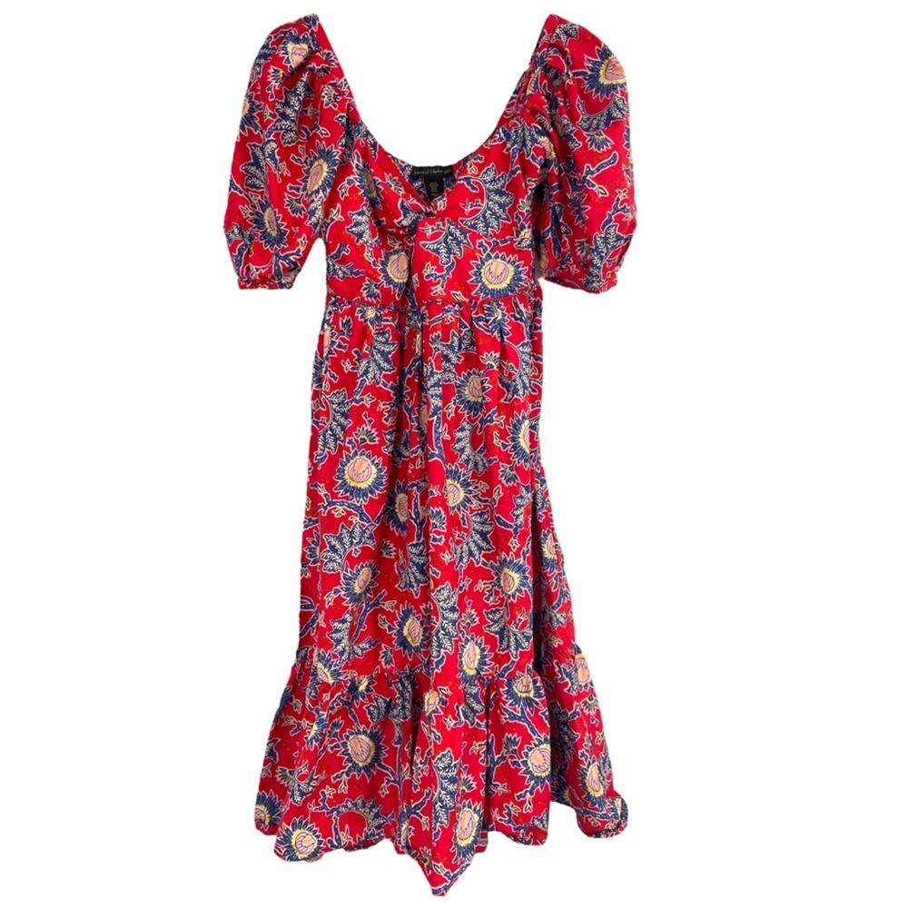 House of Harlow 1960 Red Floral Puff Sleeve Sweetheart Midi‎ Dress XS